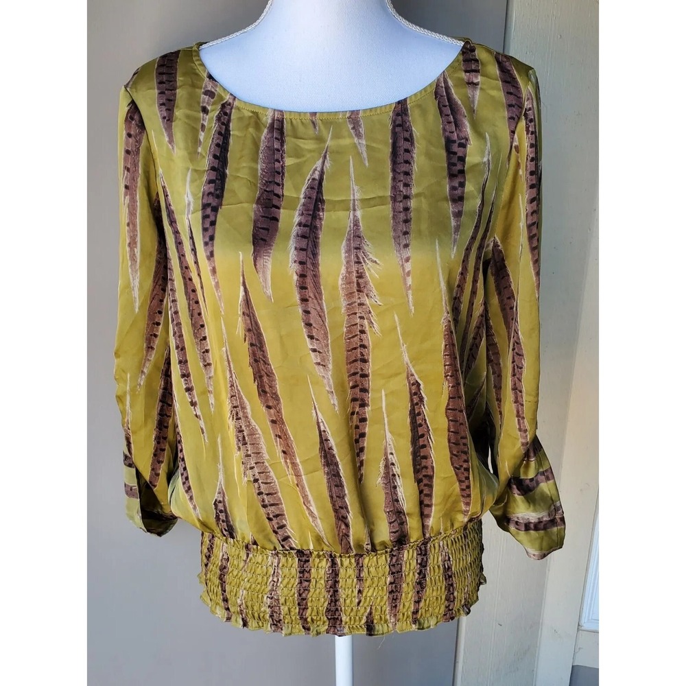 Michael Kors Blouse Womens Medium Green Brown Feather Print‎ Peasant Renaissance